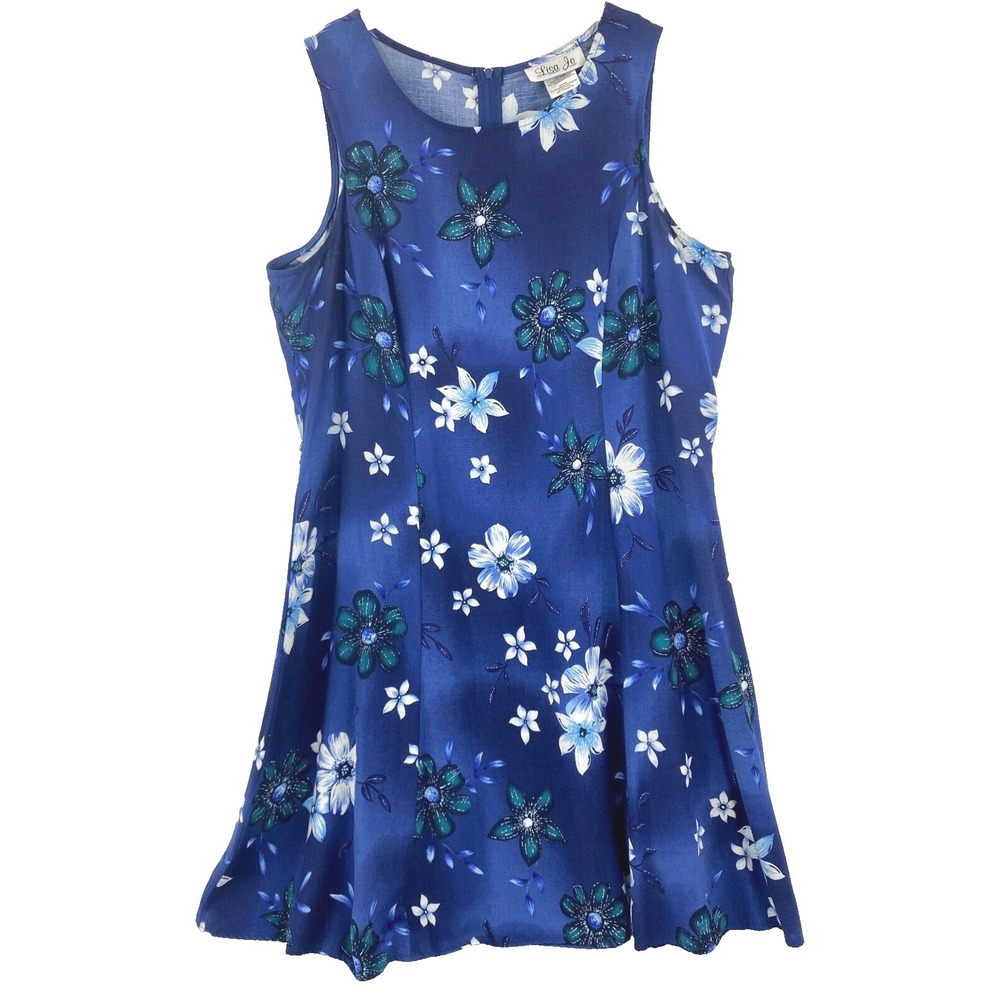 Lisa Jo Floral Dress Women's 11 - 12 Rayon Knee Length Dusty Blue Flare Casual